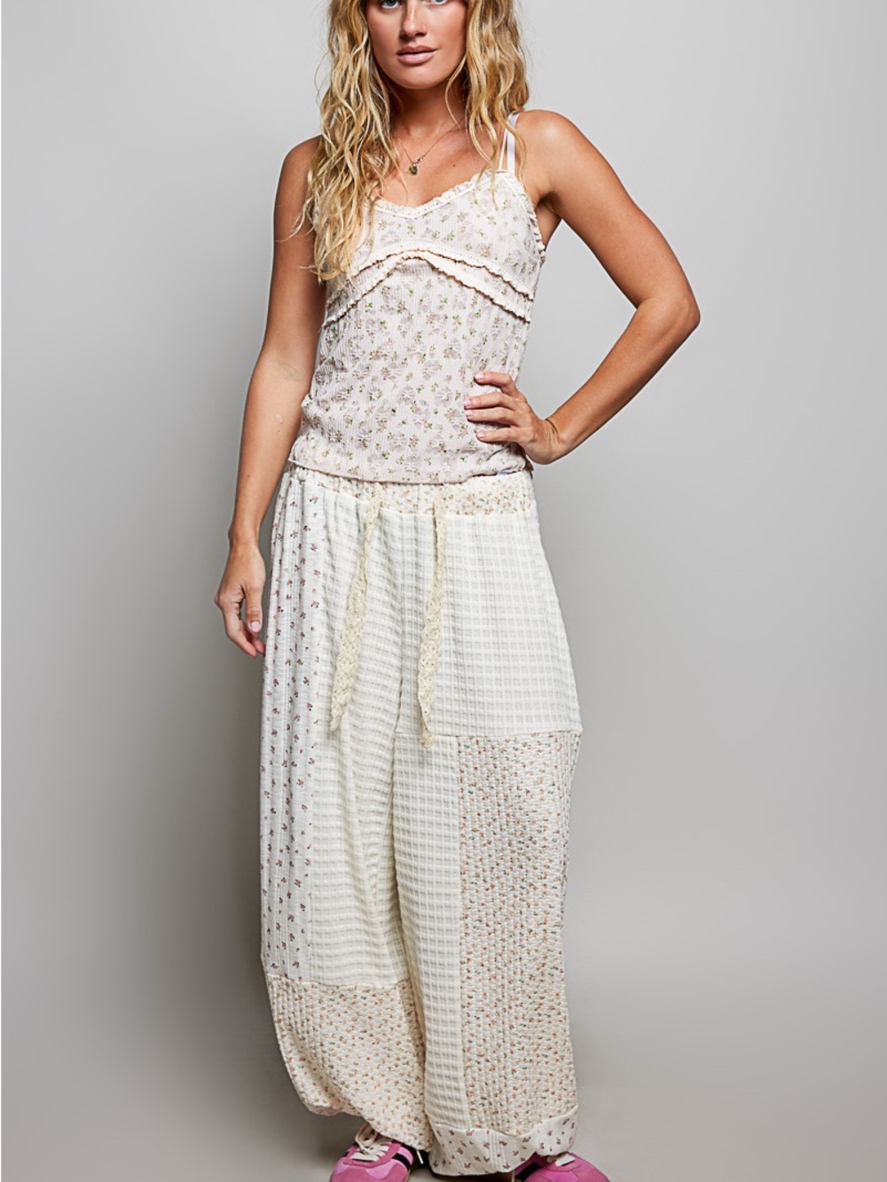 ♥️Hello Gorgeous! POL Patchwork Mixed Knit Wide Leg Pants- Natural